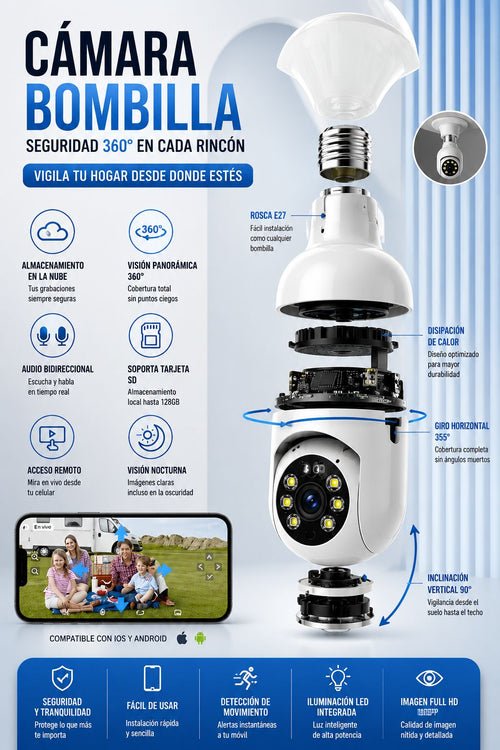 Cámara de Seguridad WiFi Tipo Bombilla 360° HD con Visión Nocturna
